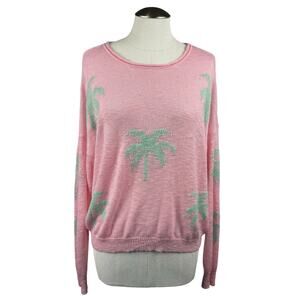 Women's Pink Lily Pullover Sweater Pink Palm Tree Long Sleeve Lightweight Knit S